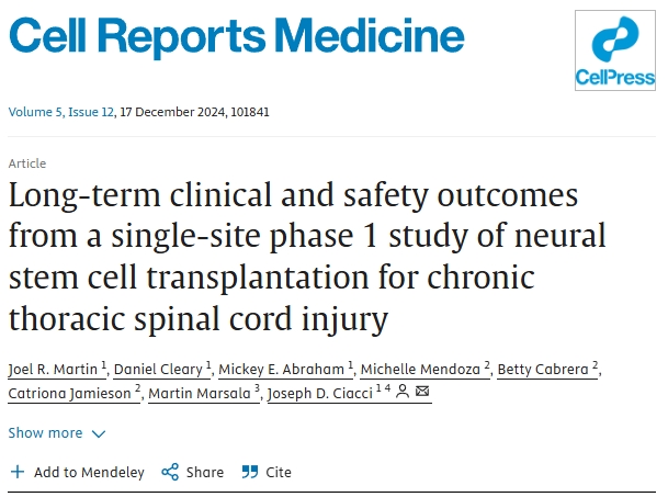 神经干细胞移植治疗脊髓损伤:2025修复机制解析、临床试验突破与转化前景 7 神经干细胞移植治疗慢性胸椎脊髓损伤的单中心 I 期临床研究的长期临床和安全性结果