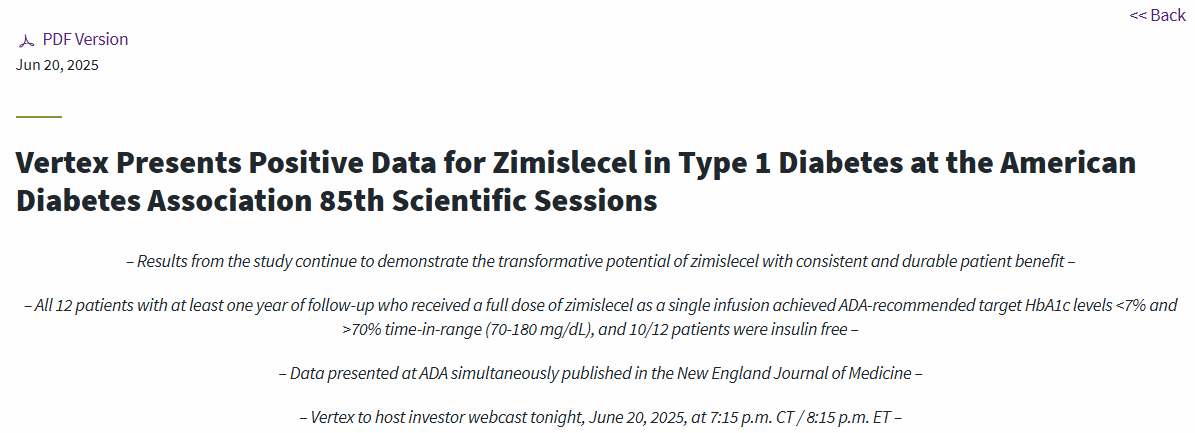 干细胞治疗糖尿病安全吗?权威研究告诉你真实风险与收益 2 Vertex公司在美国糖尿病协会第85届科学年会上公布了Zimislecel治疗1型糖尿病的积极数据