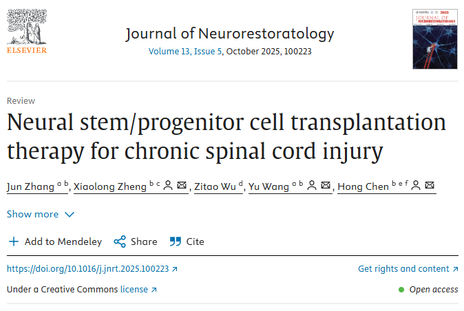 神经修复杂志：2025年神经干/祖细胞移植治疗脊髓损伤的研究进展