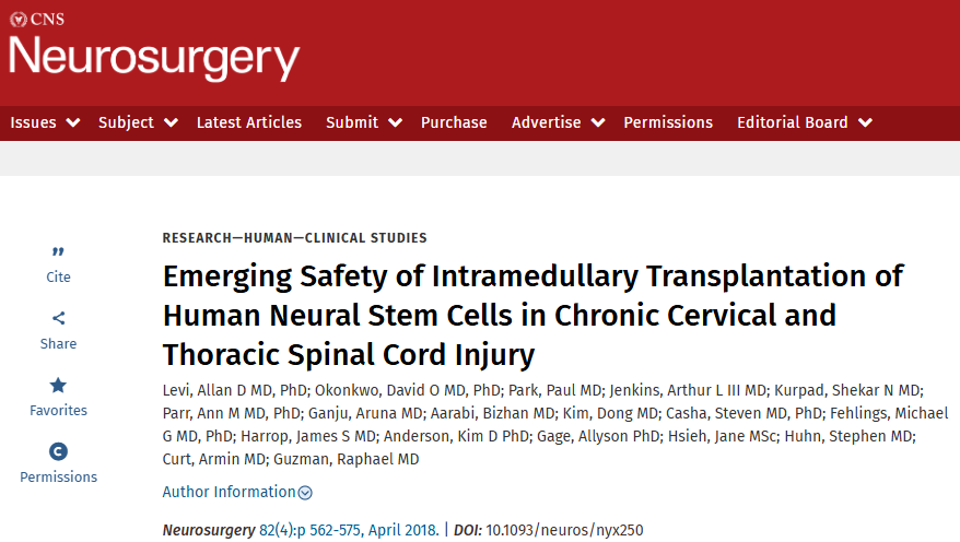神经修复杂志:2025年神经干/祖细胞移植治疗脊髓损伤的研究进展 4 慢性颈胸脊髓损伤患者髓内移植人神经干细胞的安全性研究进展