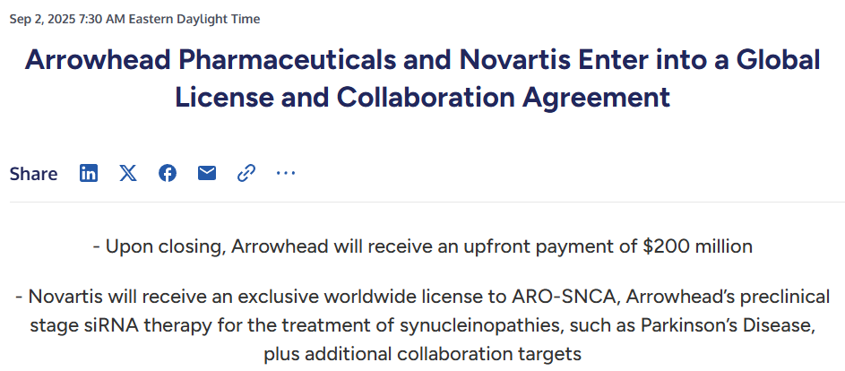 正在开发治疗帕金森病的方法:干细胞、基因疗法与新药如何重塑未来 6 Arrowhead Pharmaceuticals与诺华达成全球许可和合作协议