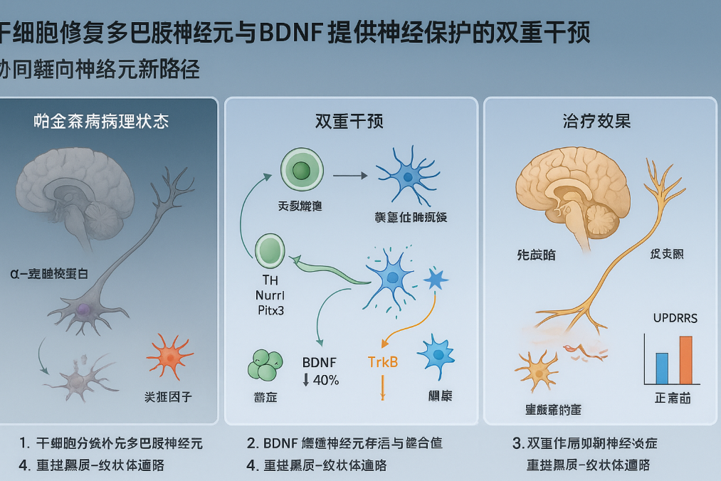 干细胞治疗帕金森病的新路径:干细胞修复多巴胺神经元+BDNF提供神经保护的双重干预 9 干细胞治疗帕金森病的新路径:干细胞修复多巴胺神经元+BDNF提供神经保护的双重干预