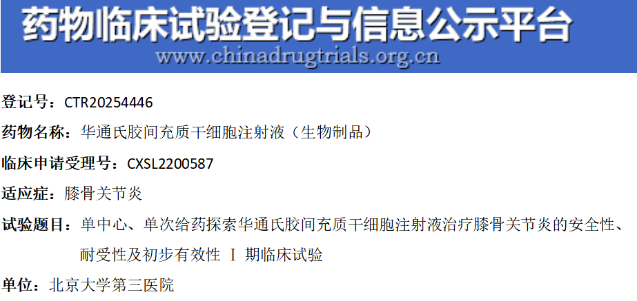 干细胞治疗膝骨关节炎再增一员:国家药监局又公示一项Ⅰ期临床试验