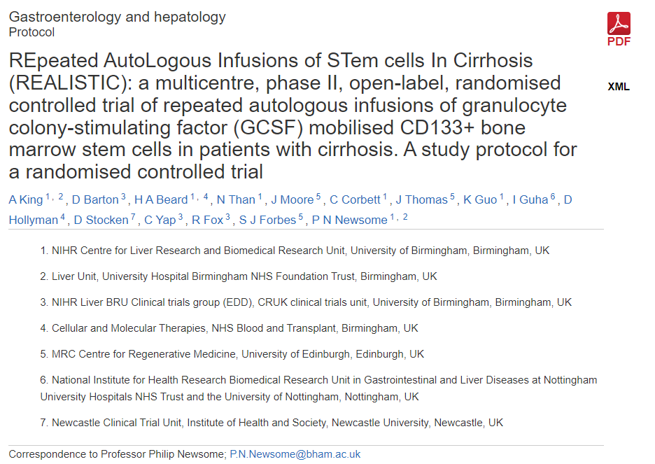 REALISTIC（重复自体干细胞输注治疗肝硬化）：一项多中心、II期、开放标签、随机对照试验