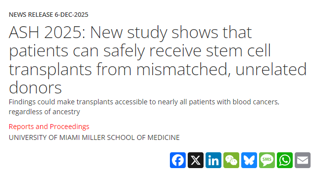 ASH 2025：新研究表明，患者可以安全地接受来自不匹配、无关供体的干细胞移植