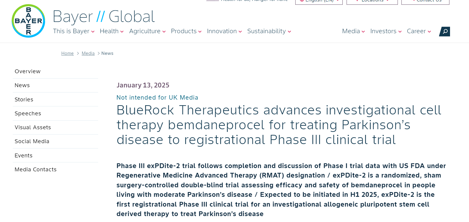 BlueRockTherapeutics推进其在研细胞疗法bemdaneprocel用于治疗帕金森病进入注册川期临床试验阶段