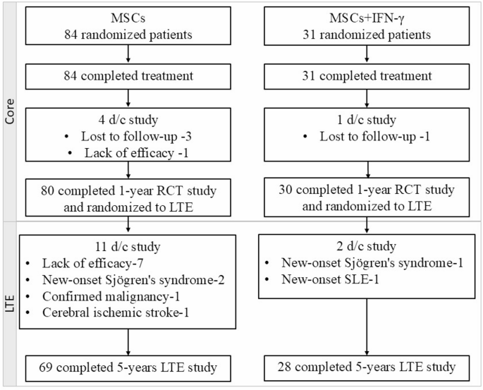 图1：患者处置。IFN-γ，干扰素γ；LTE，长期扩展；MSCs，间充质干细胞；RCT，随机对照临床试验；SLE，系统性红斑狼疮