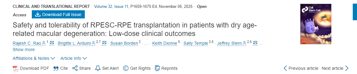 RPESC-RPE移植治疗干性年龄相关性黄斑变性患者的安全性和耐受性：低剂量临床结果