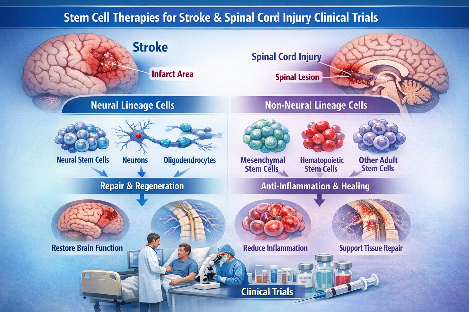 神经谱系与非神经谱系细胞治疗中风和脊髓损伤的临床试验：中风包含40项，脊髓损伤包含32项
