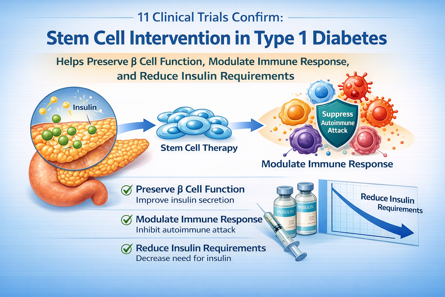 11项临床试验证据证实：干细胞治疗1型糖尿病有助于维持β细胞功能、调节免疫反应，进而降低胰岛素需求