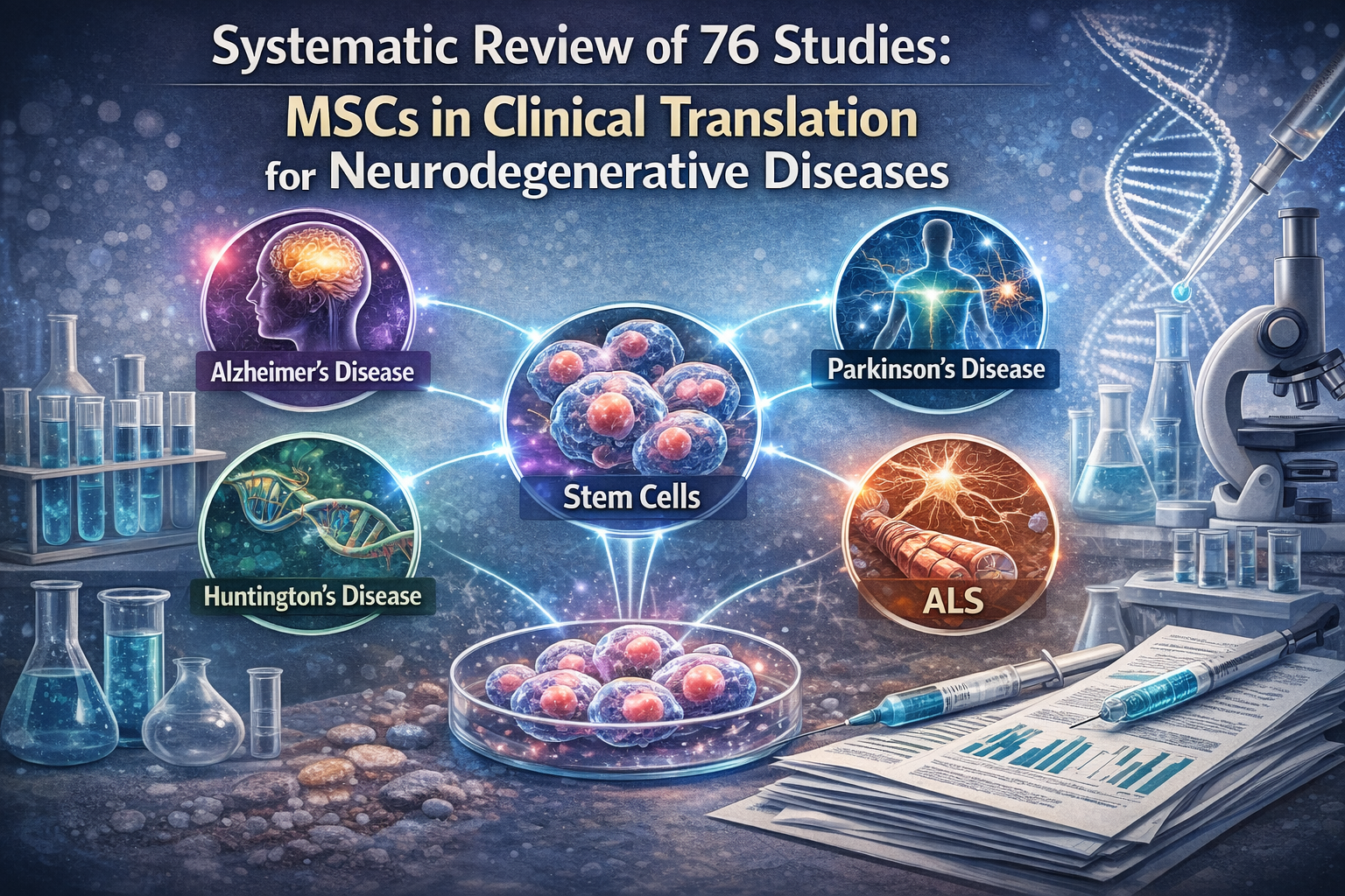 基于76项研究：看间充质干细胞治疗神经系统疾病（阿尔茨海默病、帕金森病、亨廷顿病、渐冻症中）的临床转化进程
